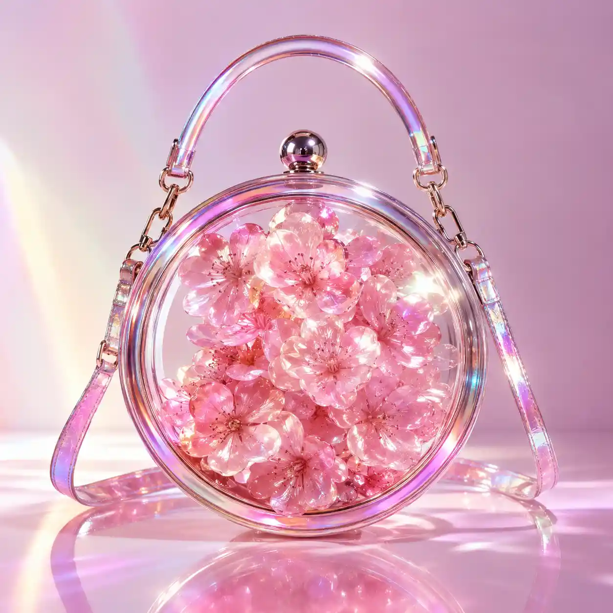 Bolsa transparente iridescente cheia de flores rosa de primavera