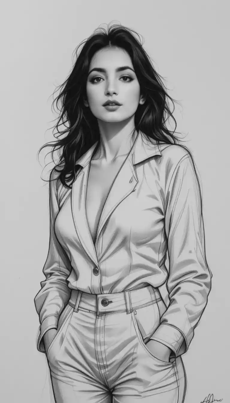 Retrato a lápiz de mujer elegante con atuendo blanco