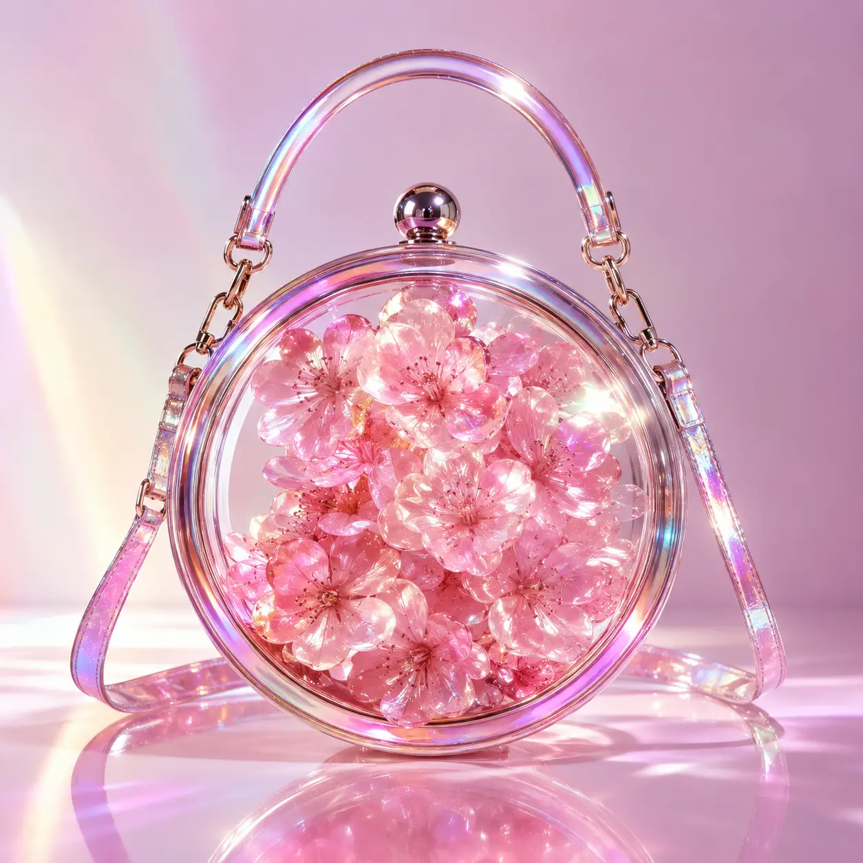 Bolsa transparente iridescente cheia de flores rosa de primavera