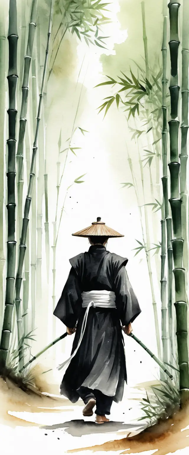 Samurai minimalista em aquarela caminhando em direção a um distante bosque de bambu