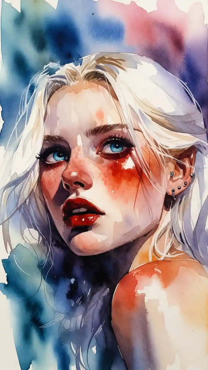 Passionate tiefling woman with blue eyes and bold red makeup