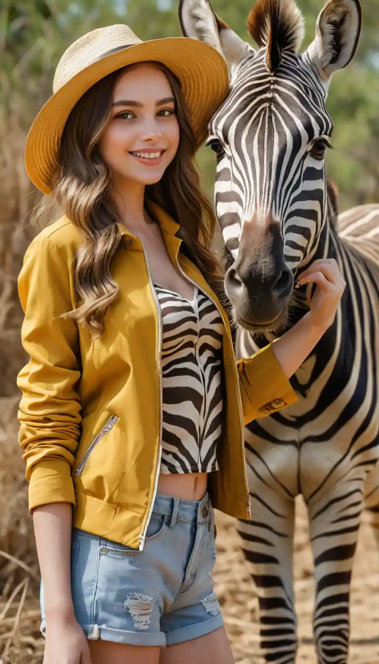 Laughing girl with zebra in a sunny savanna scene