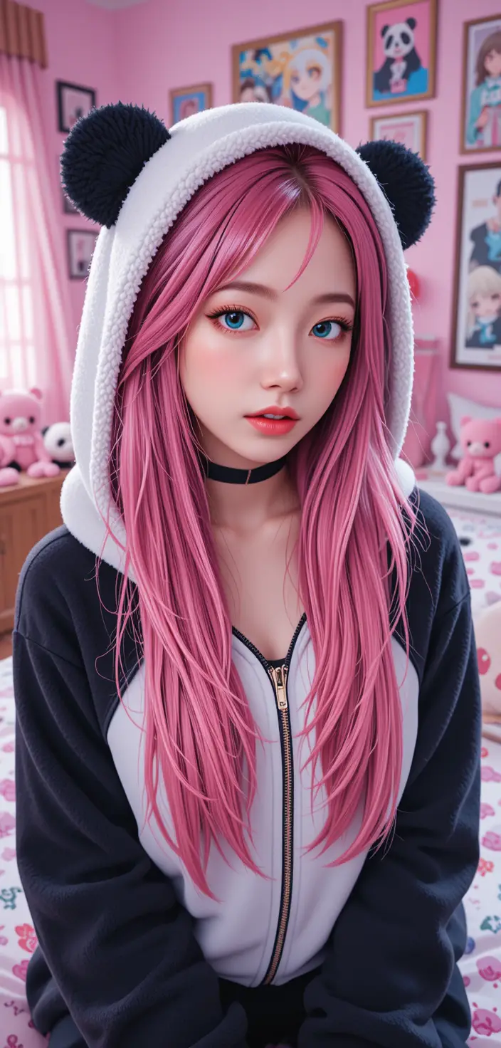 Fille d’anime aux cheveux roses en hoodie panda dans sa chambre