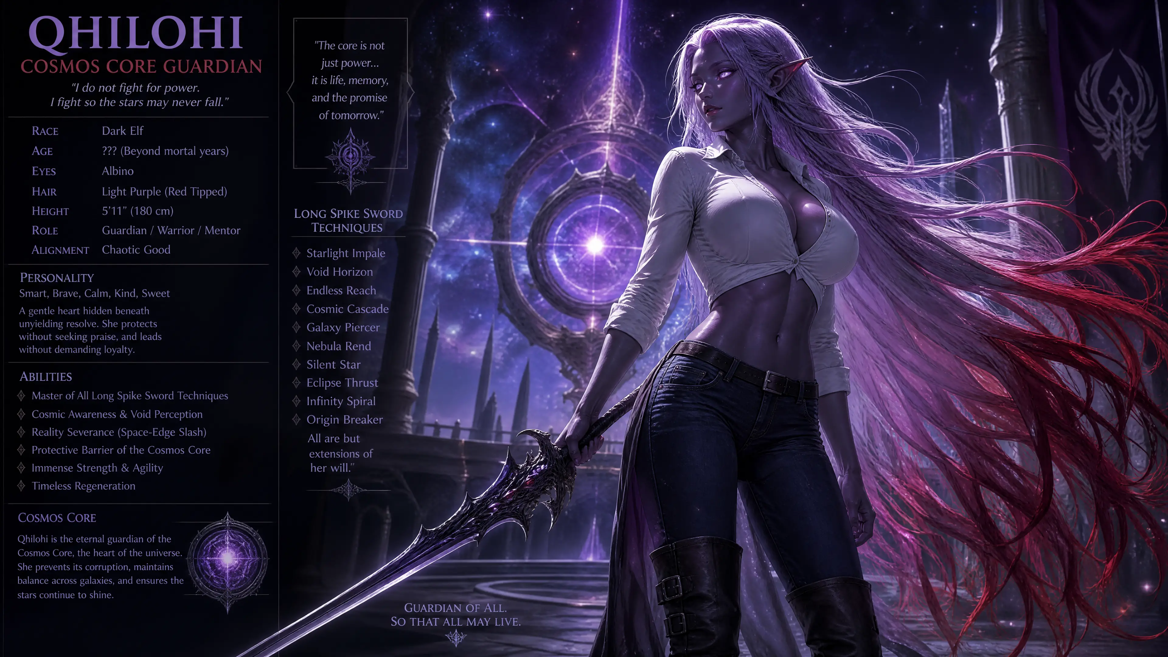 Guerrière elfe noire aux longs cheveux violets