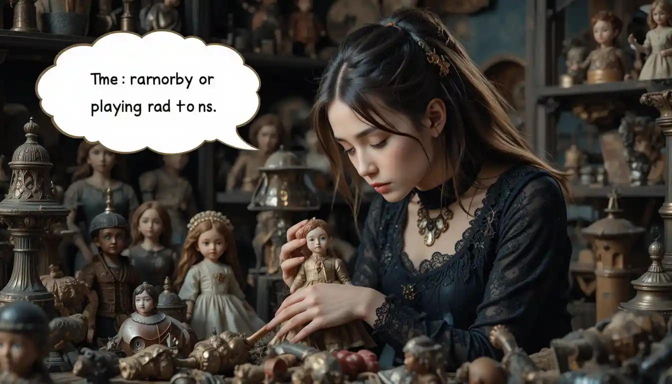 Young woman gently arranging a collection of treasured old toys