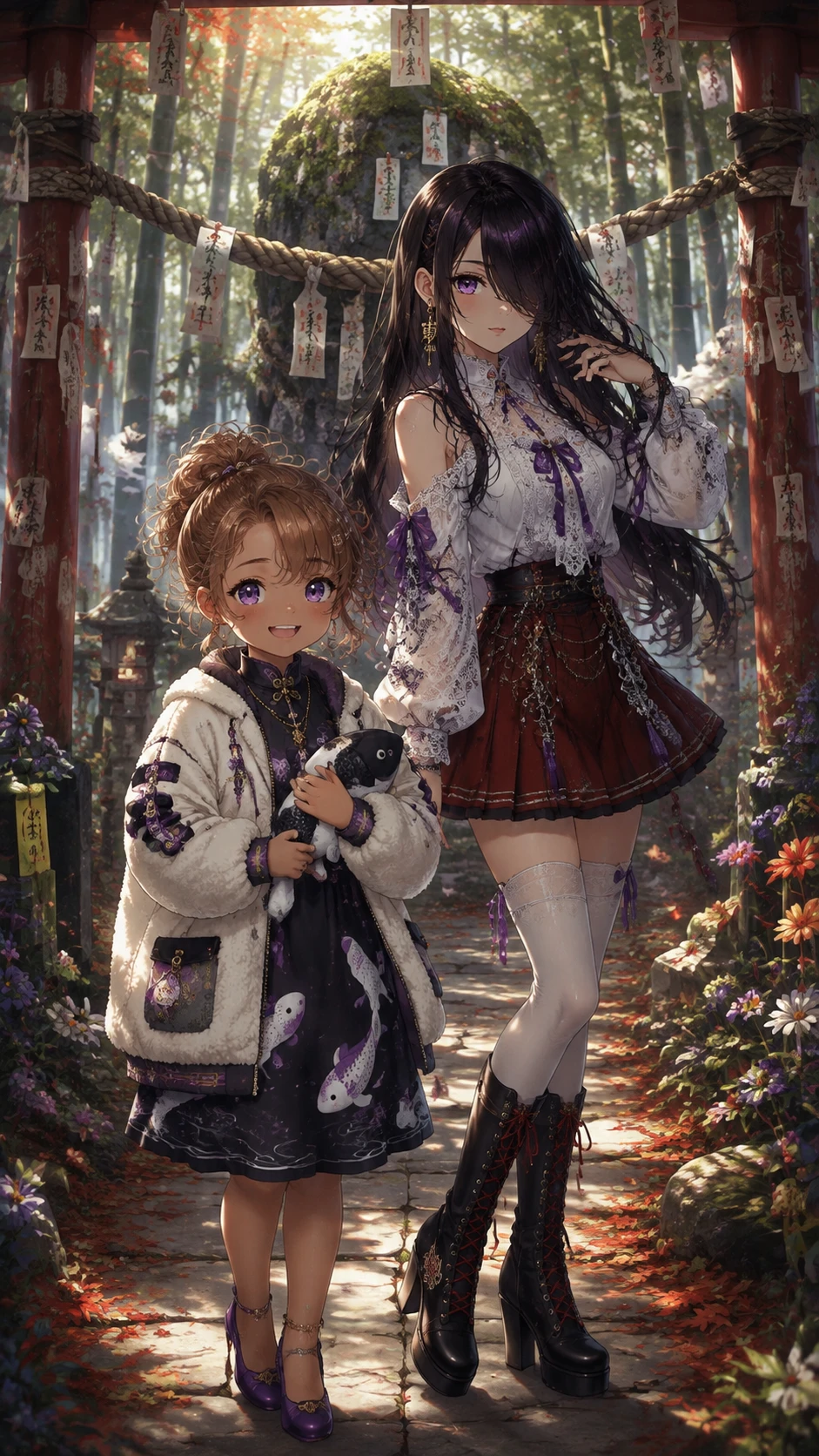 Chica de anime con vestido morado y chaqueta de forro polar