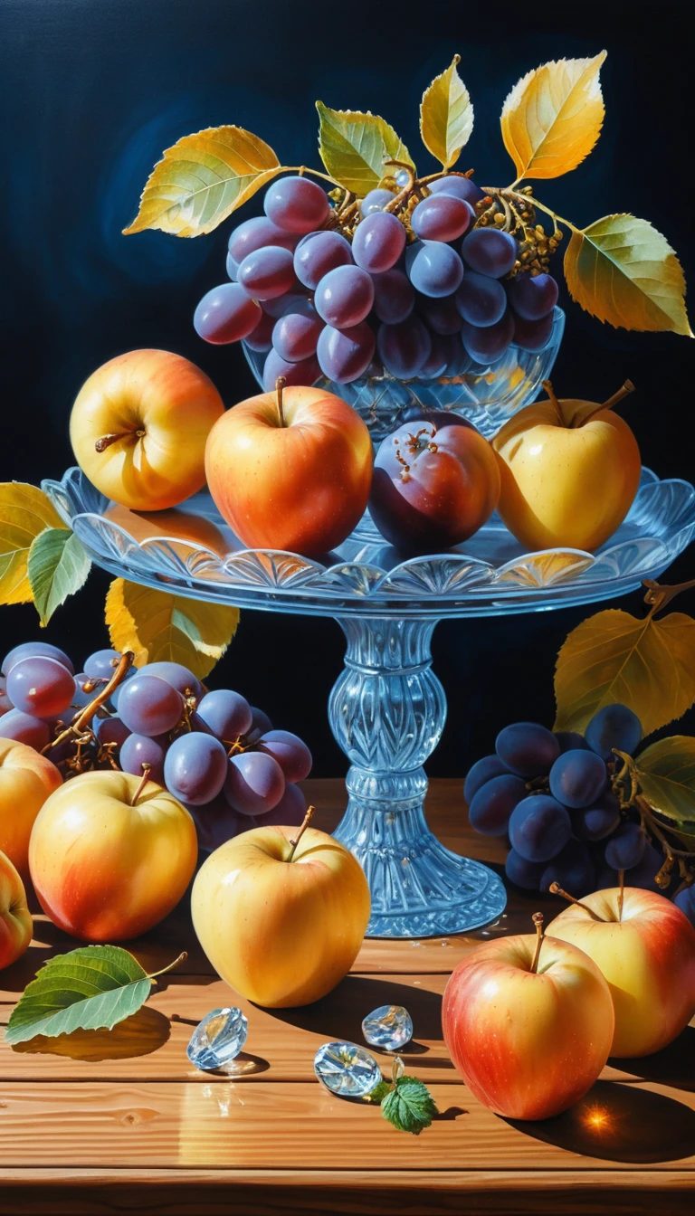 Naturaleza muerta acrílica de uvas, manzanas y ciruelas sobre mesa de madera