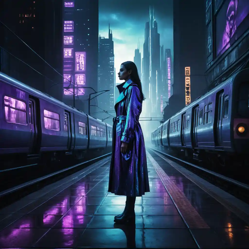 Woman with cybernetic eye on neon lit train platform
