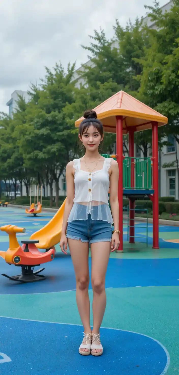 Smiling korean girl in ruffle top at urban playground