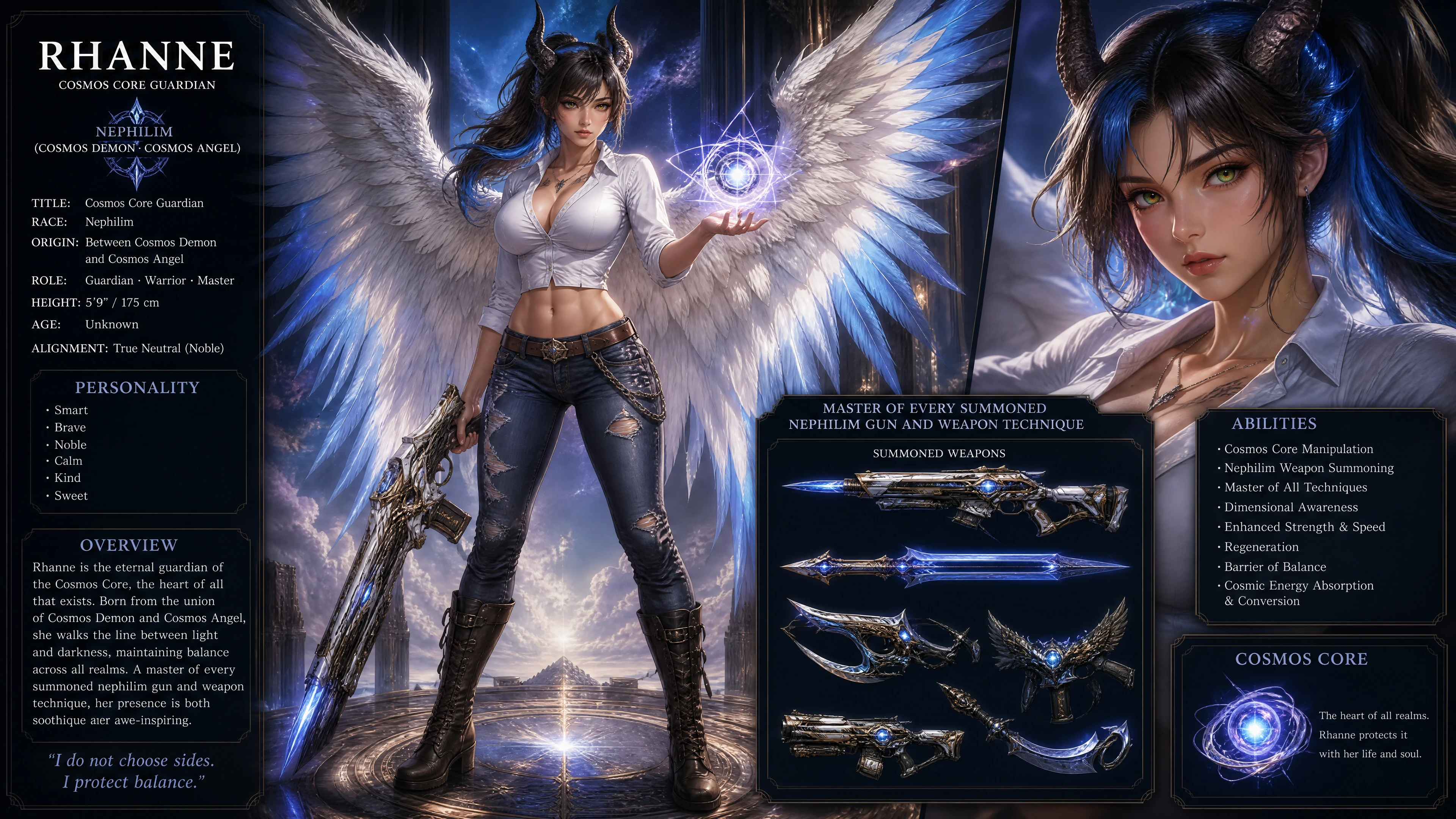 Cosmic winged warrior woman with horns in casual clothes