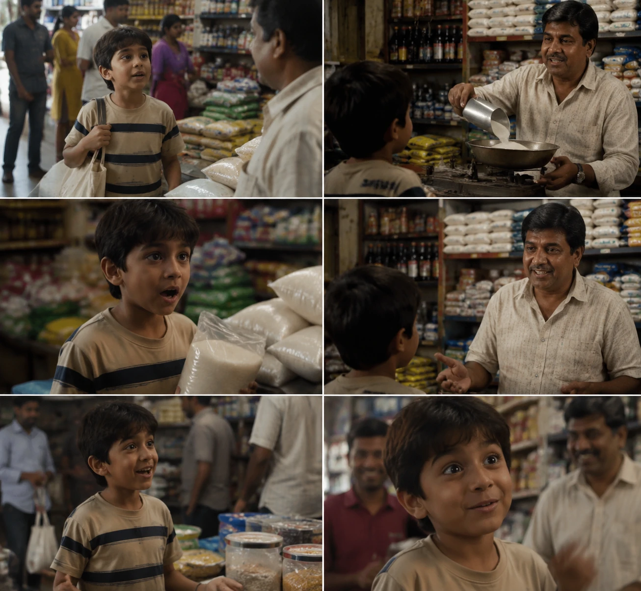 Niño indio comprando azúcar en una pequeña tienda de comestibles