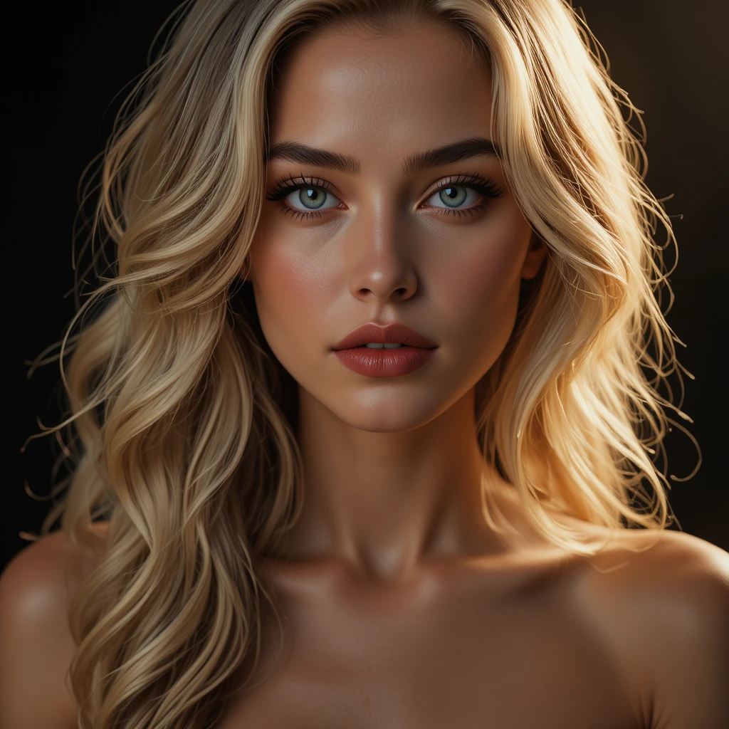 Retrato cinematográfico en primer plano de una mujer rubia con luz cálida