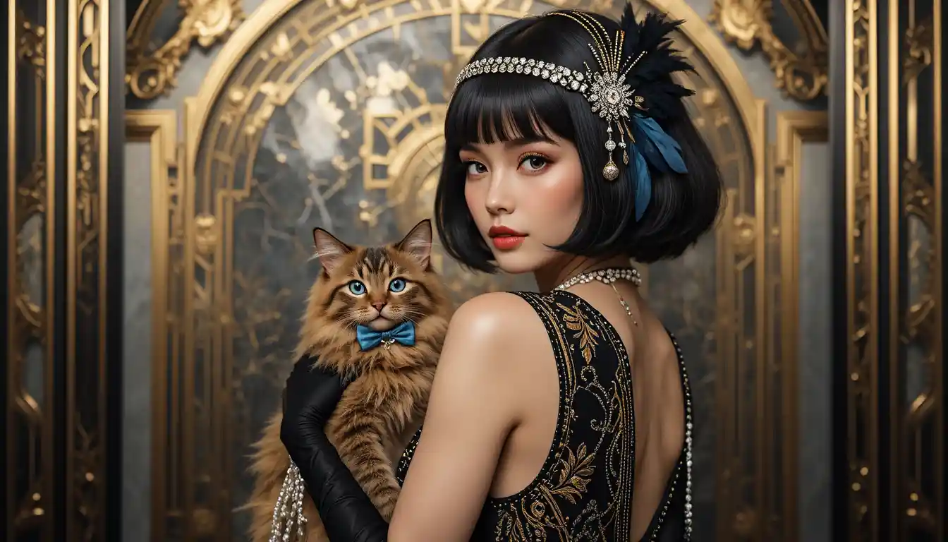 Elegante donna flapper con un gatto nel glamour art déco