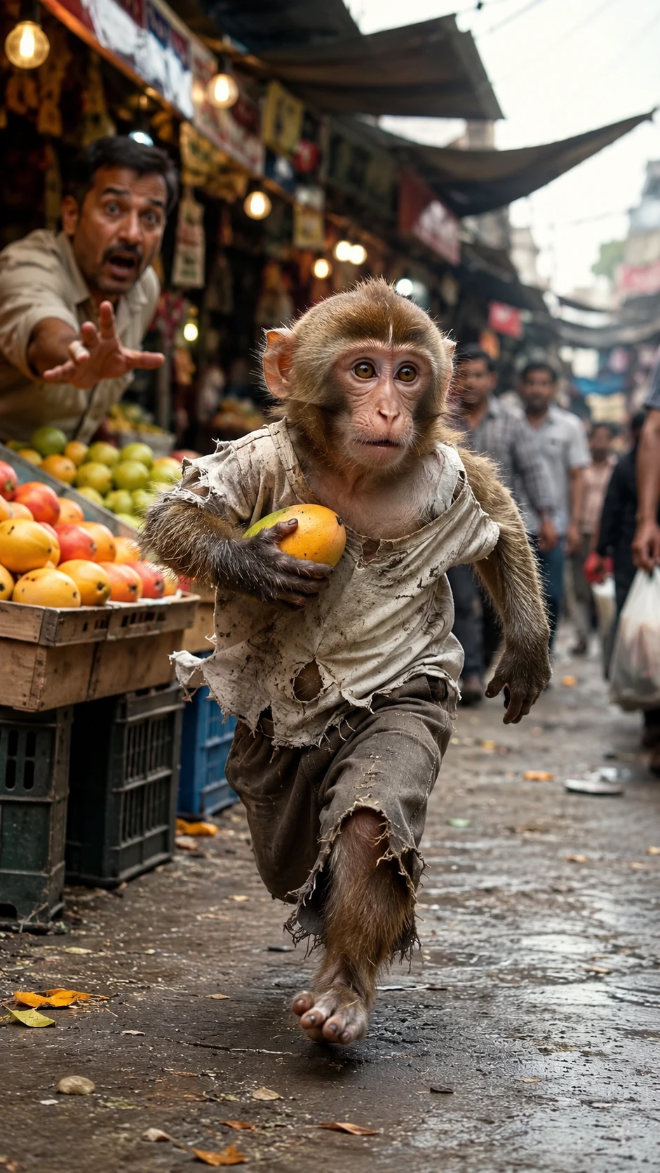 Mono antropomórfico robando un mango en un mercado callejero concurrido