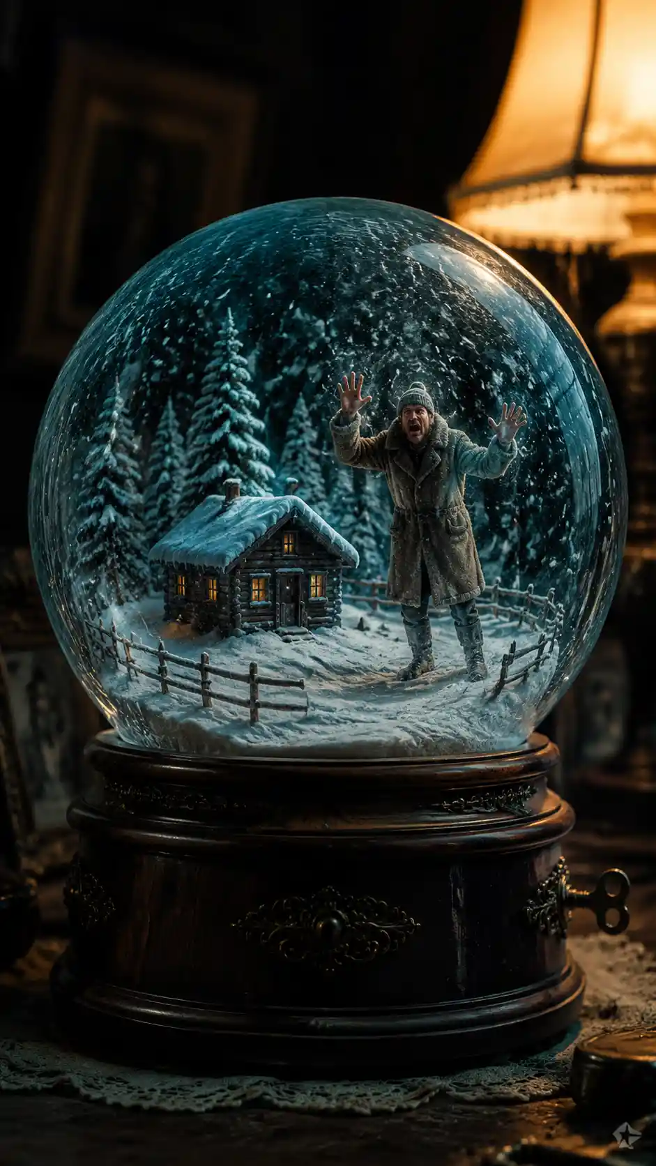 Man Trapped In Winter Snow Globe On Vintage Music Box