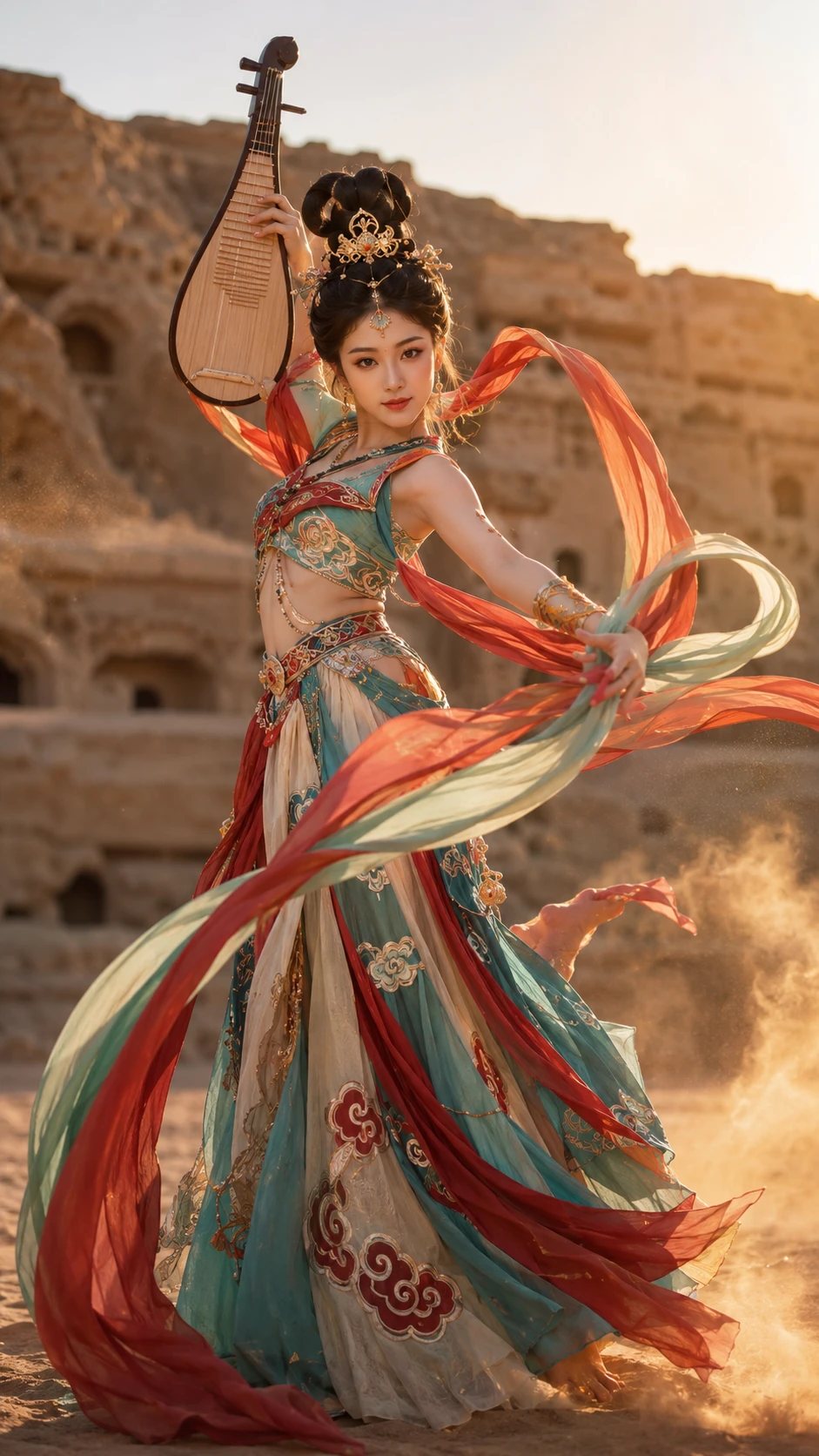 Danseuse chinoise en demoiselle céleste au coucher de soleil dans le désert