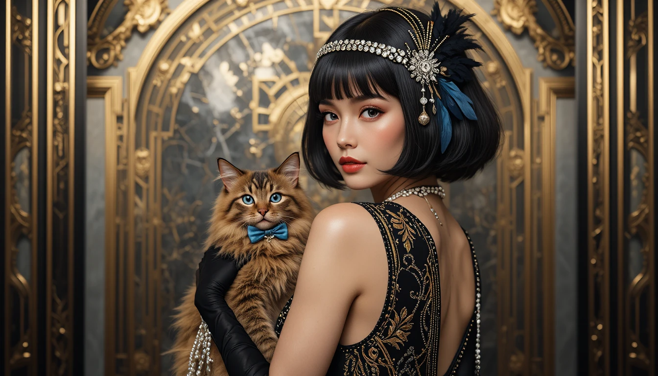 Elegante donna flapper con un gatto nel glamour art déco