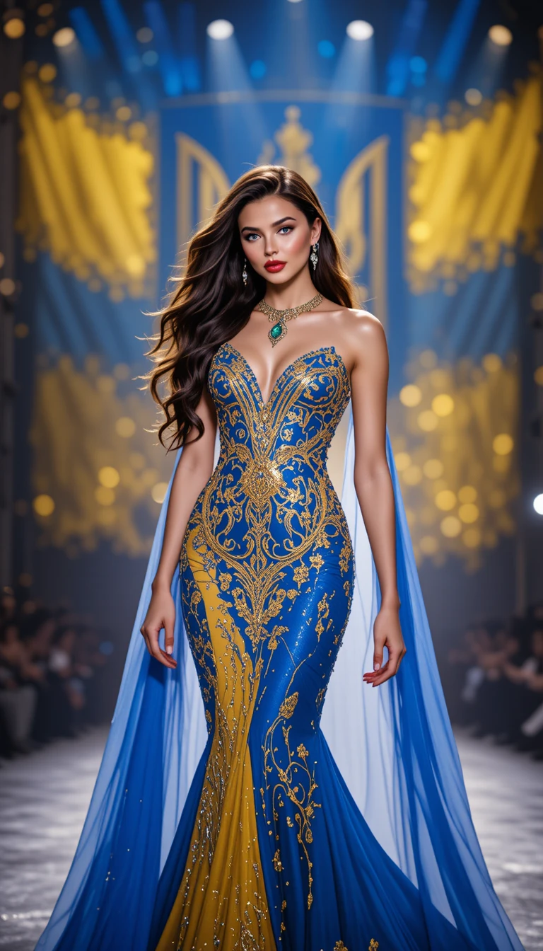 Mujer elegante de moda en la pasarela con vestido azul y amarillo