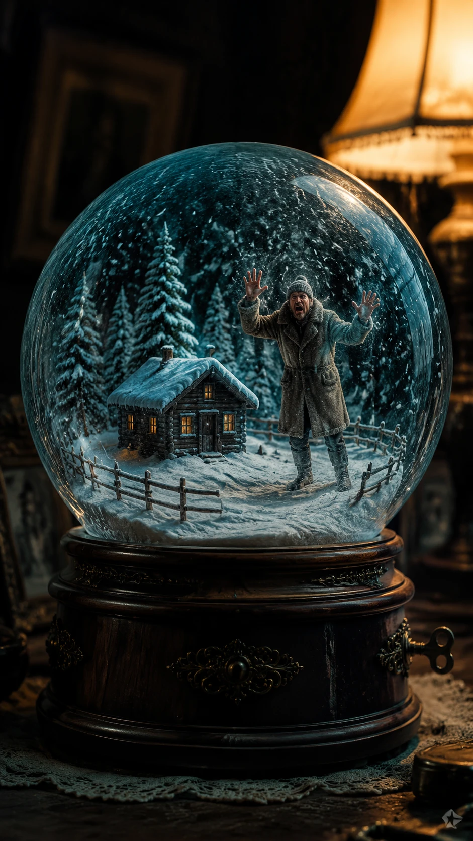 被困在復古音樂盒冬日雪景水晶球中的男子