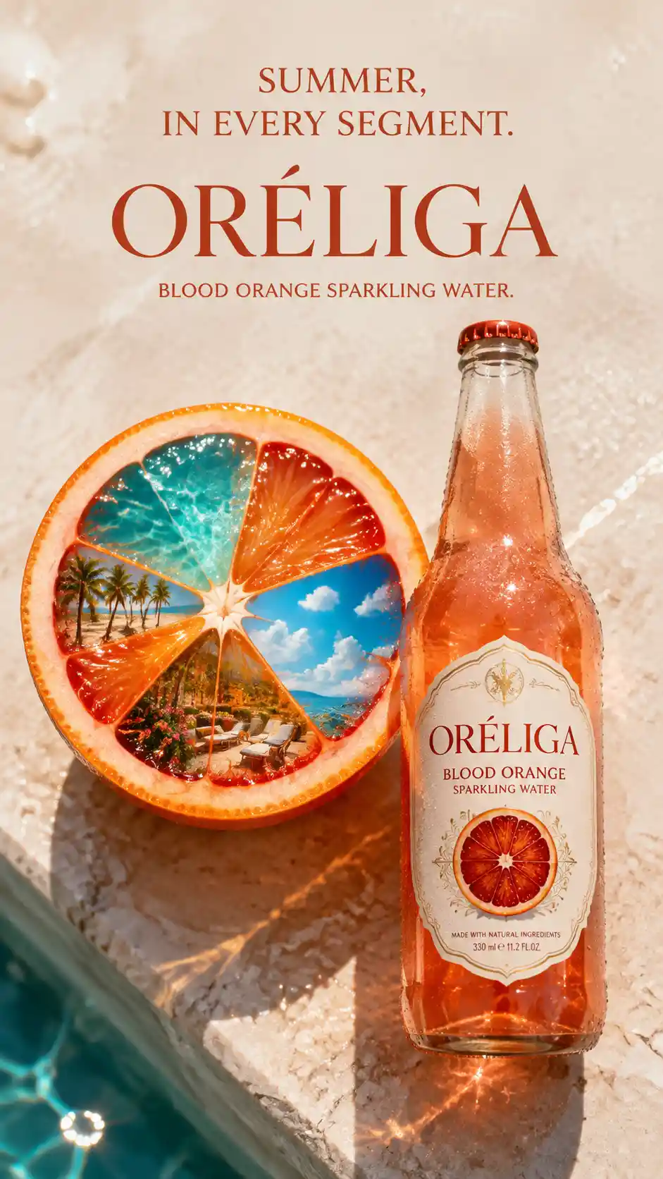Summer drink bottle with citrus wheel and ivory stone surface