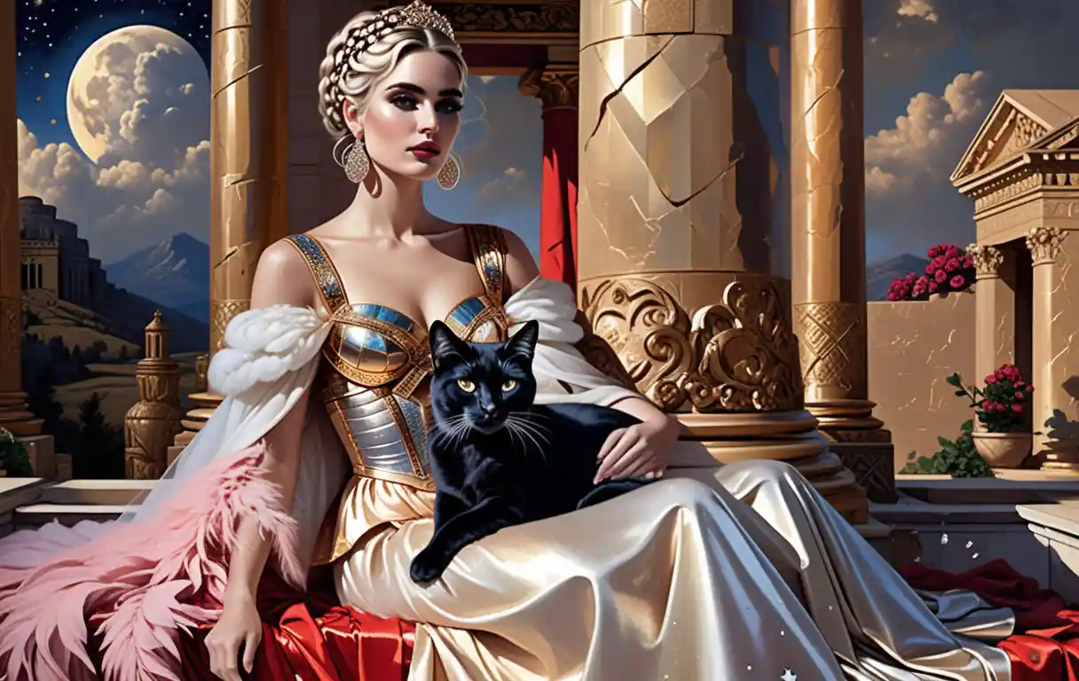 Roman inspired noblewoman posing with jeweled cat portrait