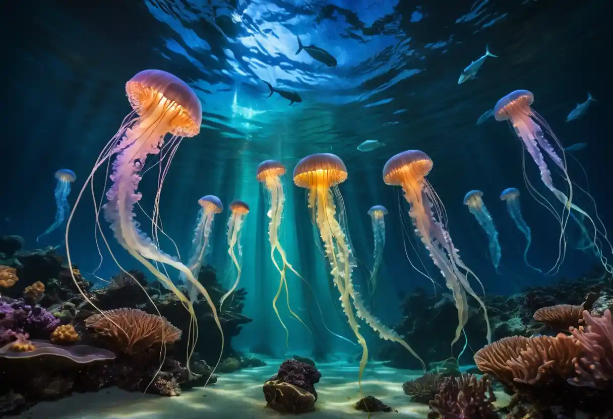 Underwater auroras illuminating vibrant marine life below