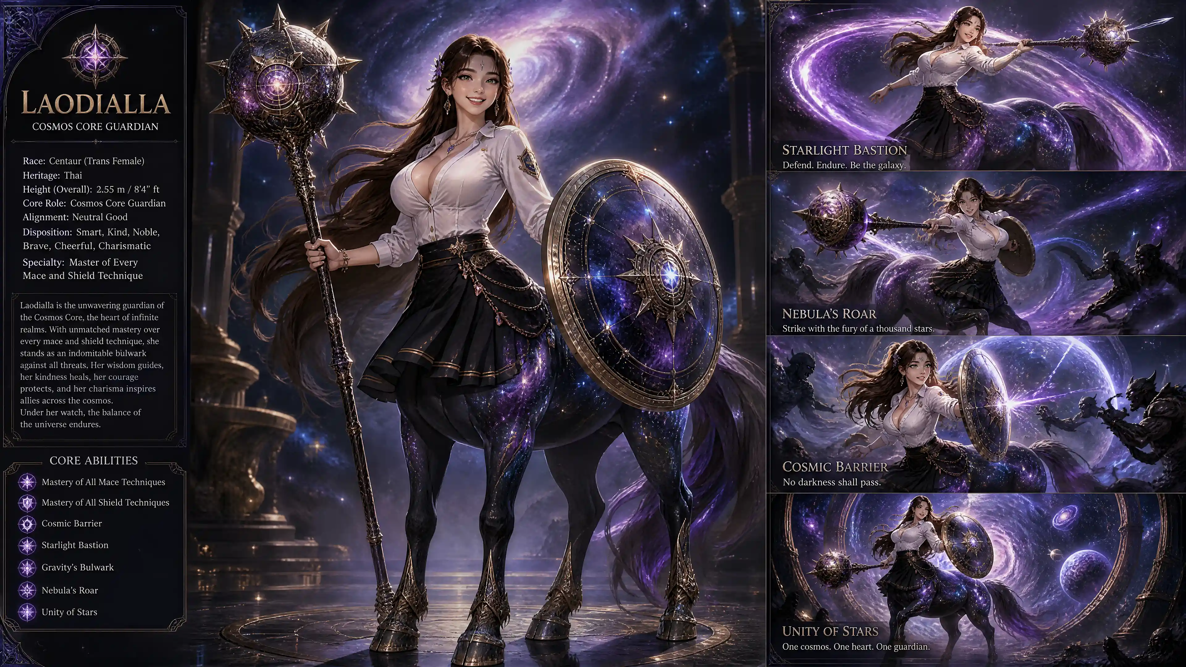 Fröhliche Fantasy-Zentaurenfrau mit langen braunen Haaren