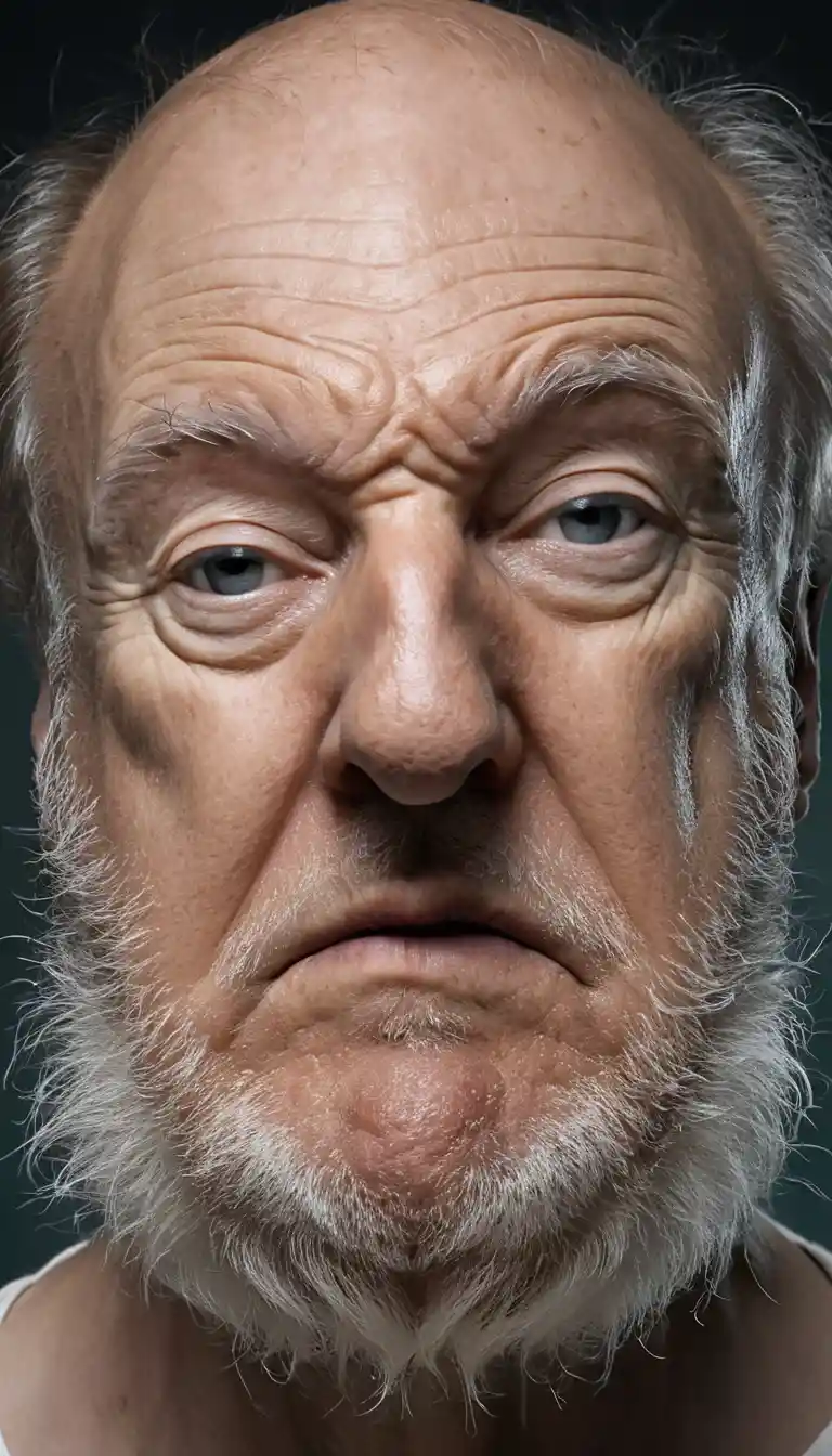 Grotesque close up portrait of an extremely old bald man