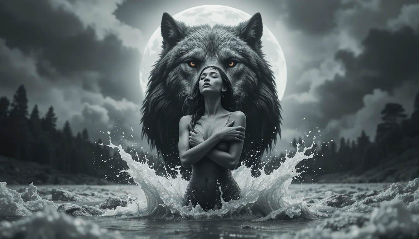 Surreale Frau im aufgewühlten Wasser unter einem drohenden Wolf