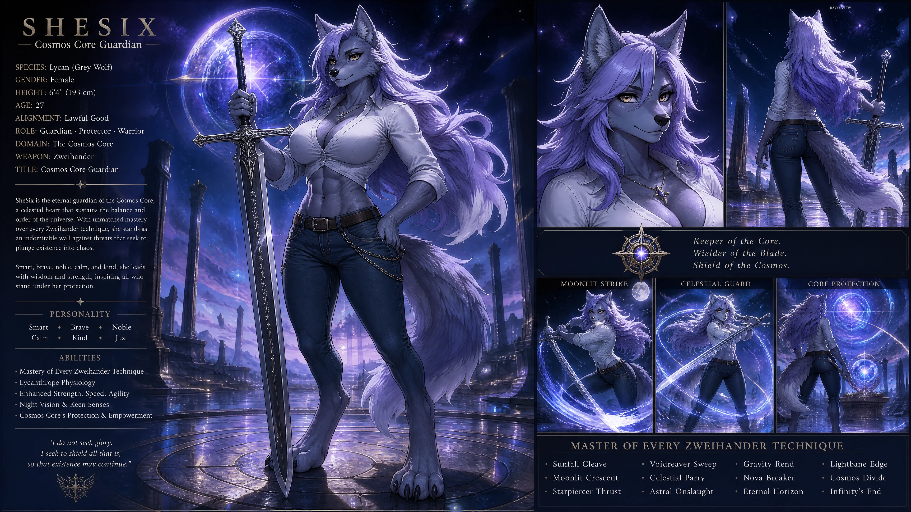 Donna lupo anthro guardiana con capelli lavanda e jeans