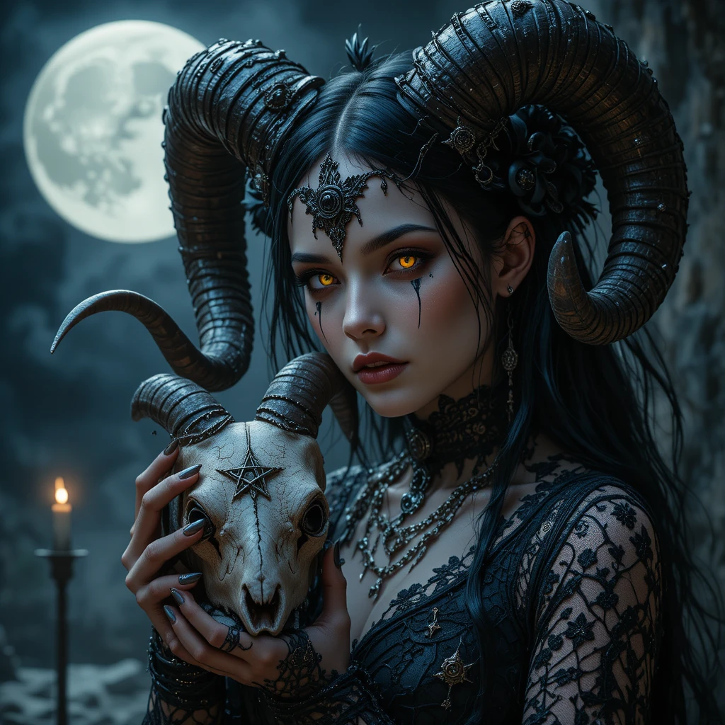 Demonic horned beauty holding chained ritual goat skull