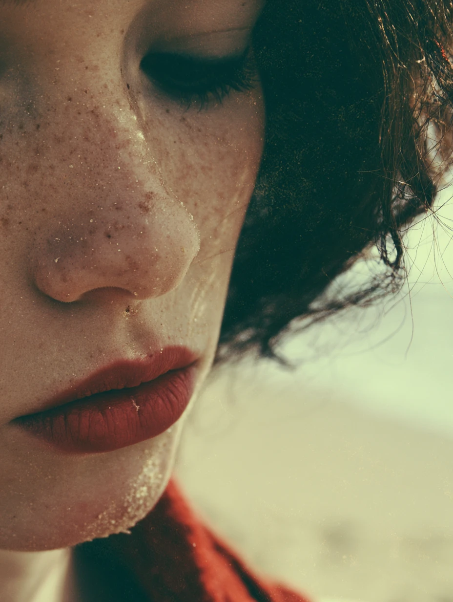 Ritratto malinconico in primo piano di una ragazza solitaria al mare
