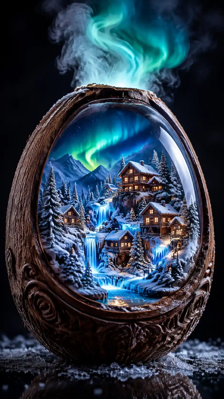 Miniature Snowy Alpine Village Inside Carved Coconut Shell