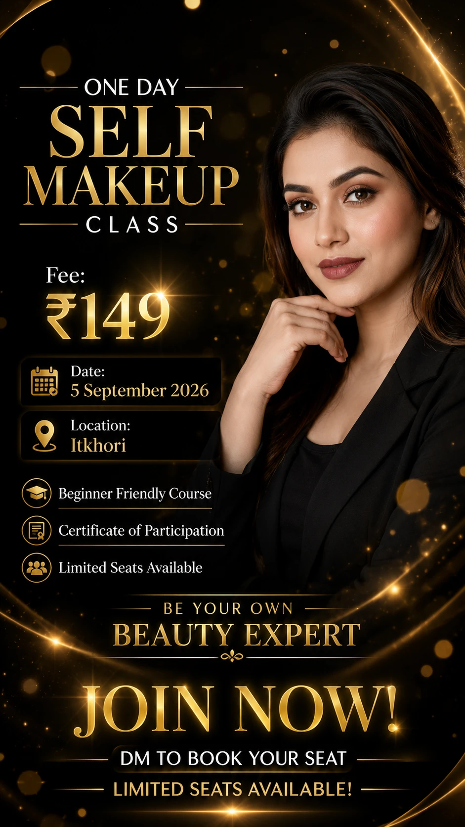 Promoción elegante de clase de maquillaje con visuales cinematográficos en negro y dorado
