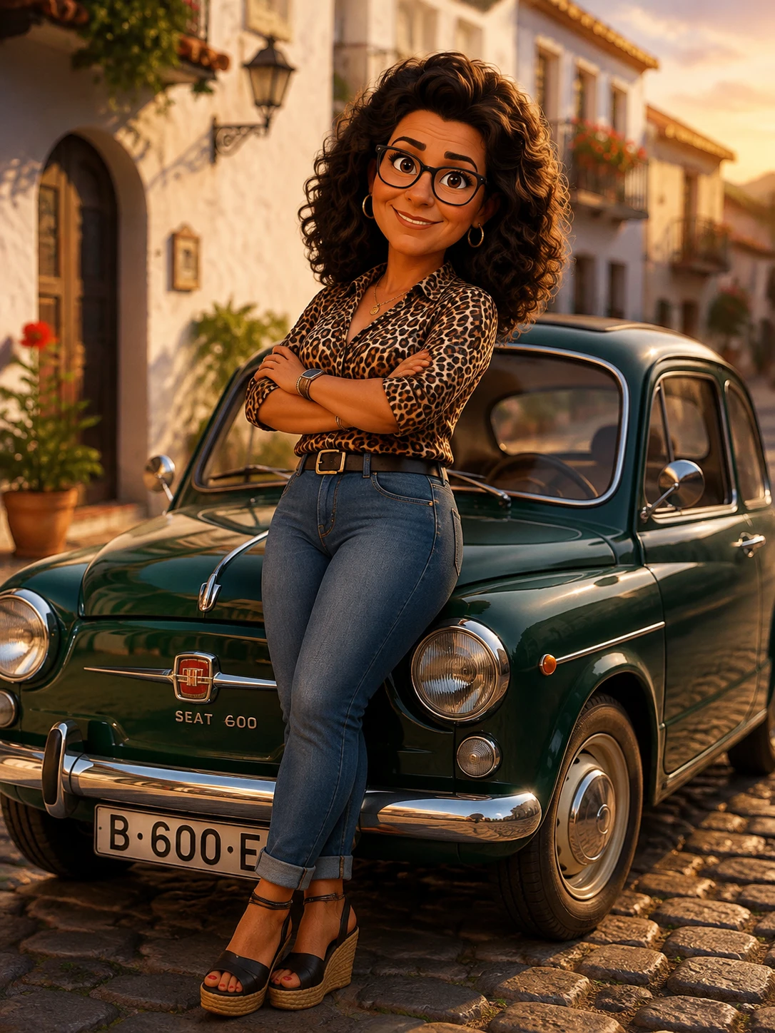 Donna spagnola sicura di sé appoggiata a un’auto classica verde scuro