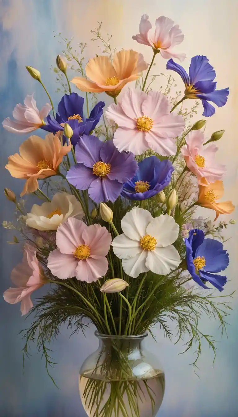 Delicados Cosmos e Iris en un Ramillete Luminoso y de Ensueño