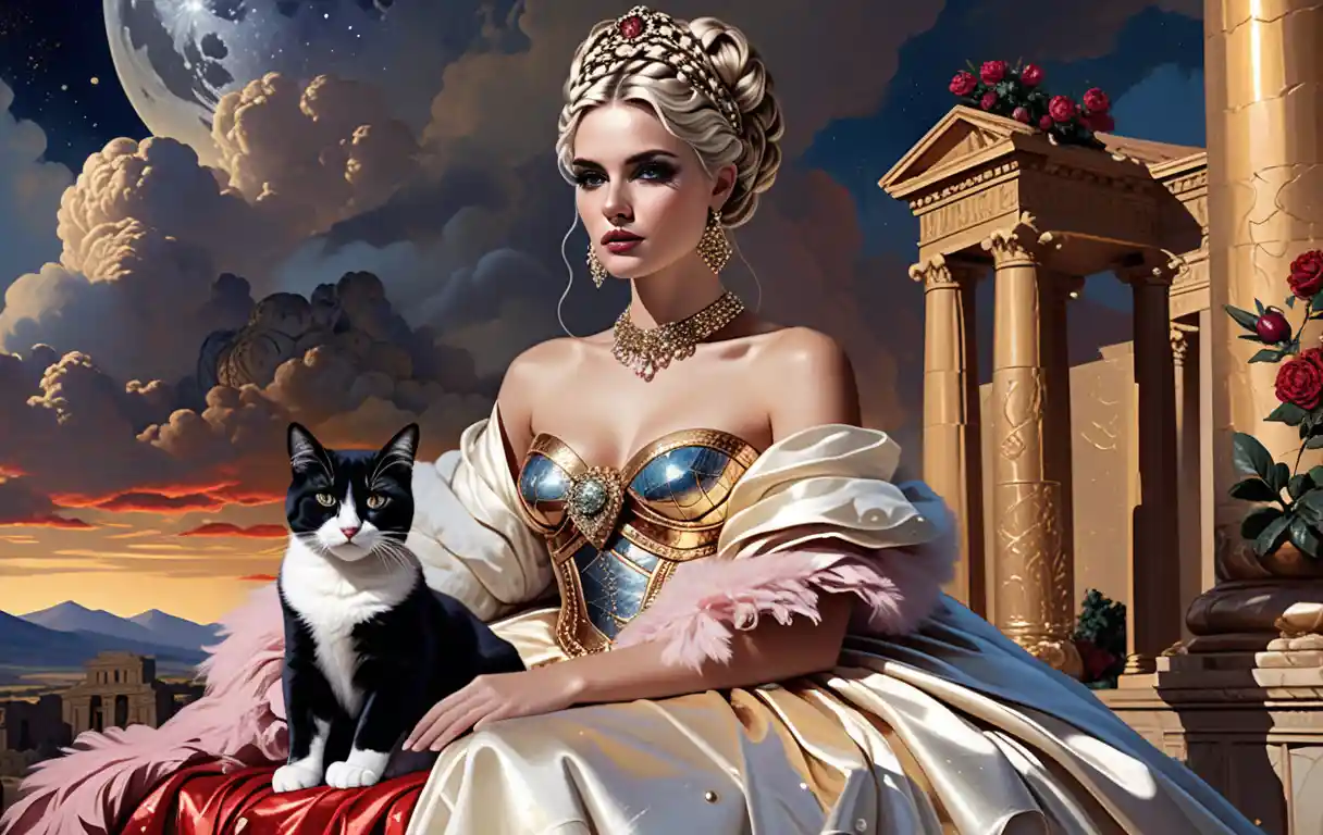 Roman inspired noblewoman with cat in a celestial palace