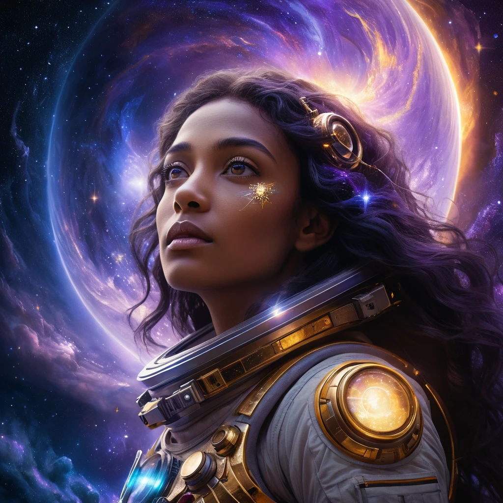 Celestial goddess eye gazing into a vibrant cosmic void
