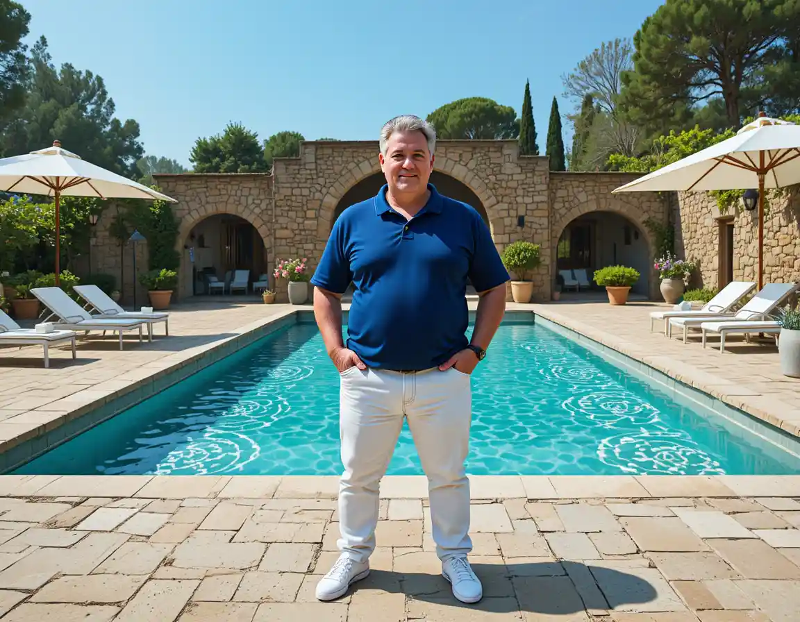 Uomo maturo in piedi accanto a una piscina turchese sulla terrazza di una villa