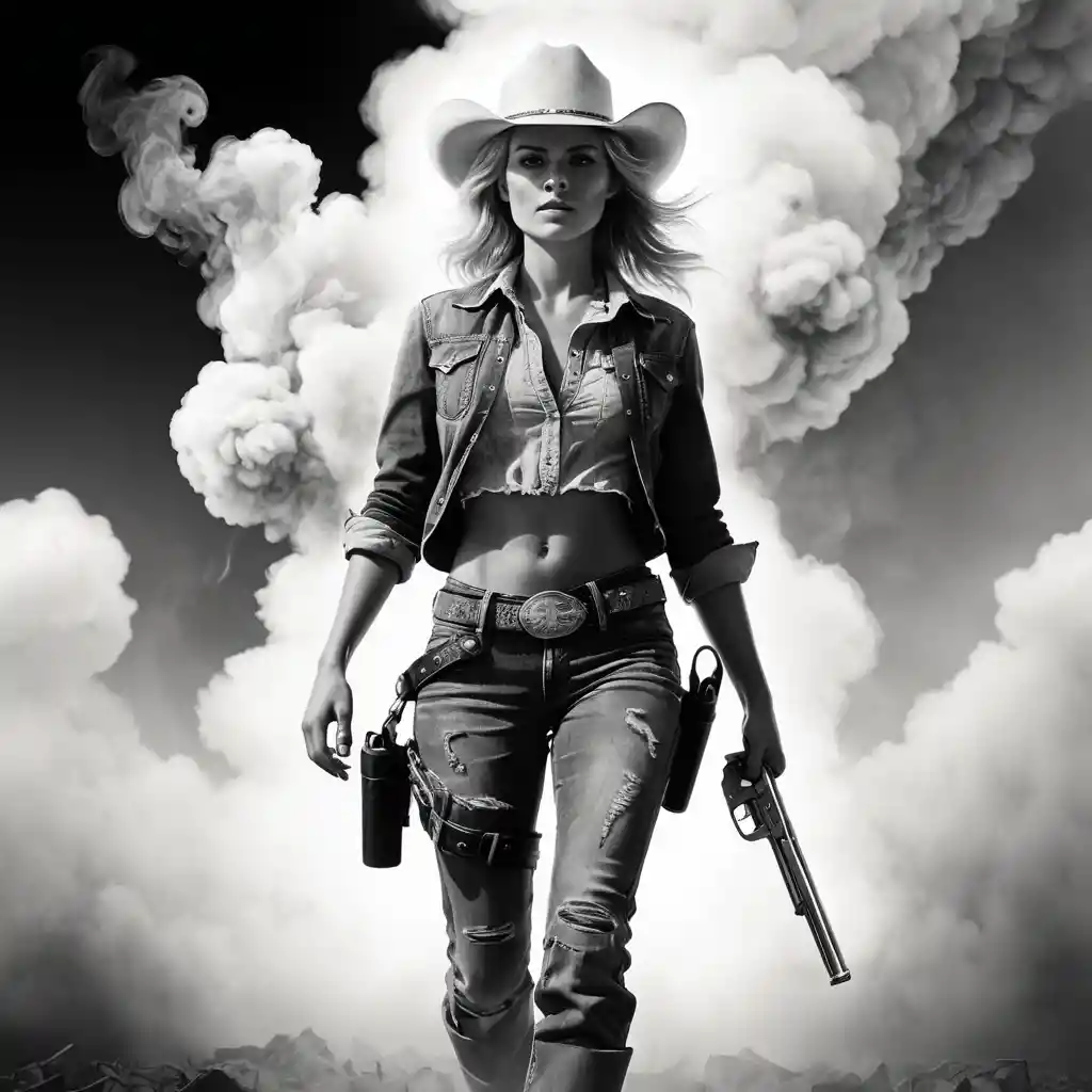 Blonde cowgirl walking barefoot through swirling monochrome smoke