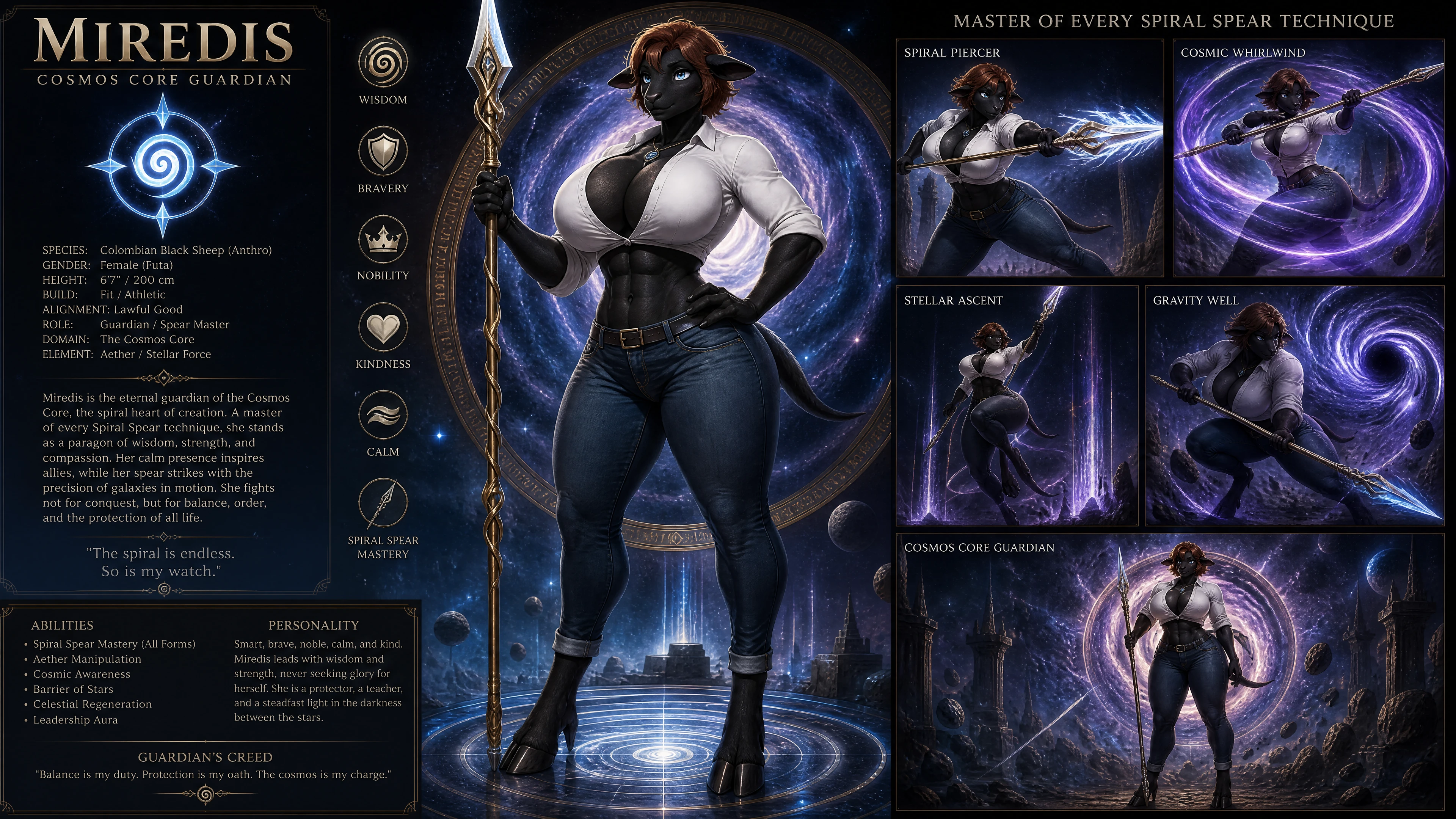 Tall fantasy woman with auburn hair and spiral spear