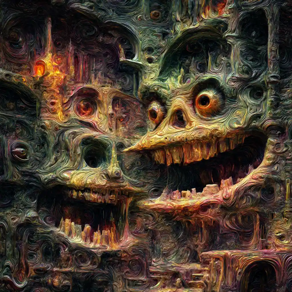 Surreal humanoid figures in a twisted dreamlike landscape