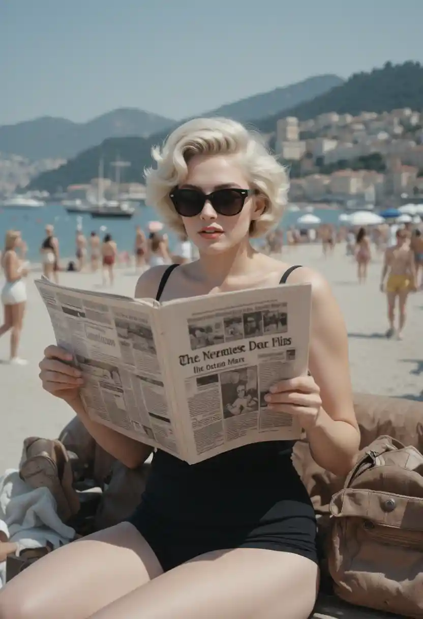 Woman in swimsuit reading a newspaper on Nice beach