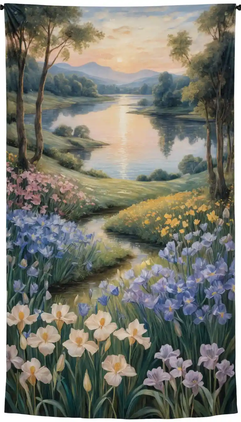 Delicate cosmos and irises in soft romantic light
