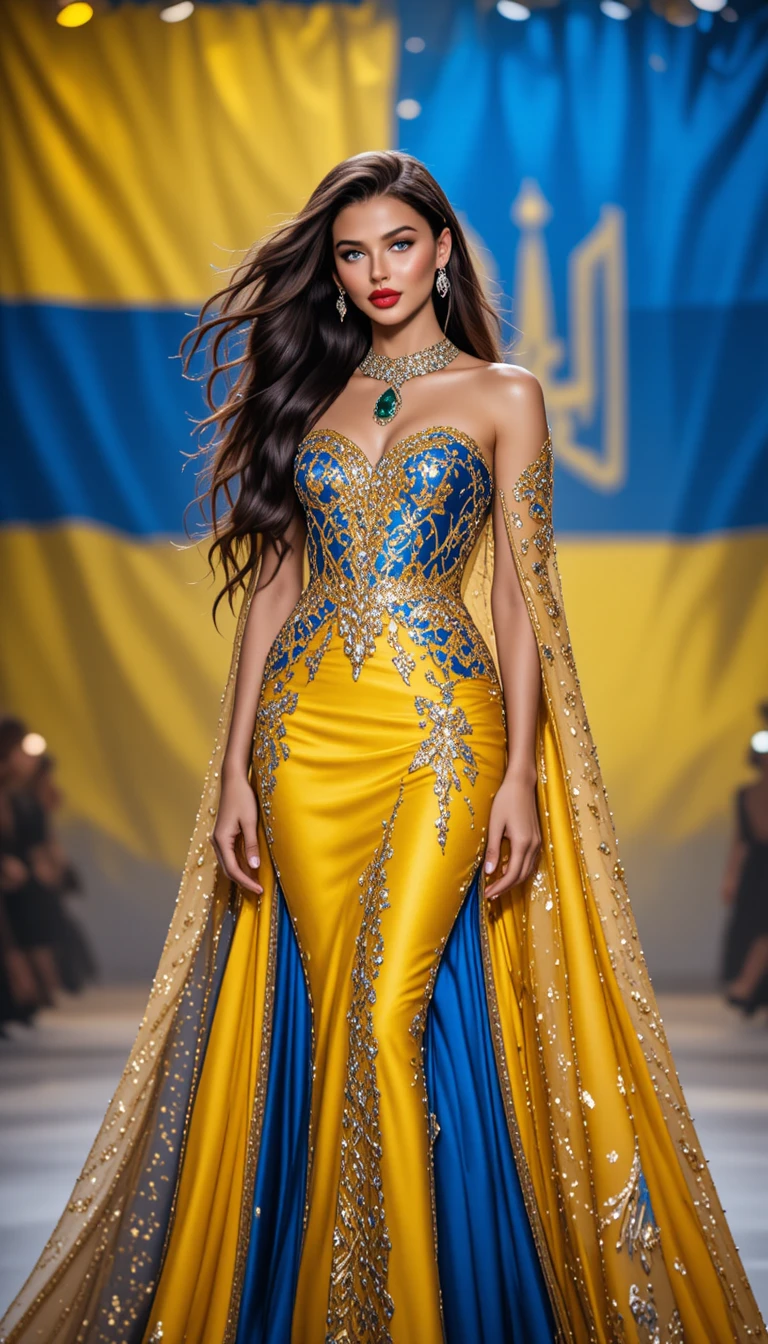 Mujer elegante con vestido azul y amarillo en la pasarela