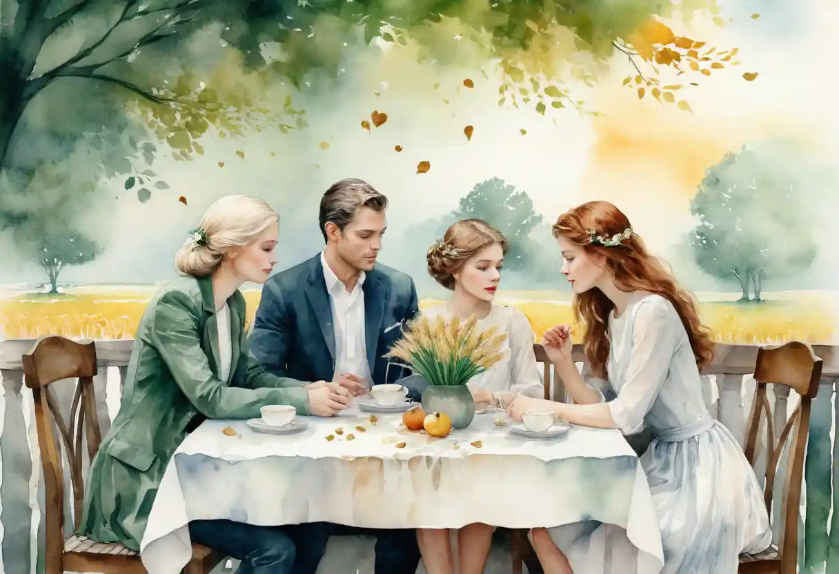 Four seasonal women seated together at an old table