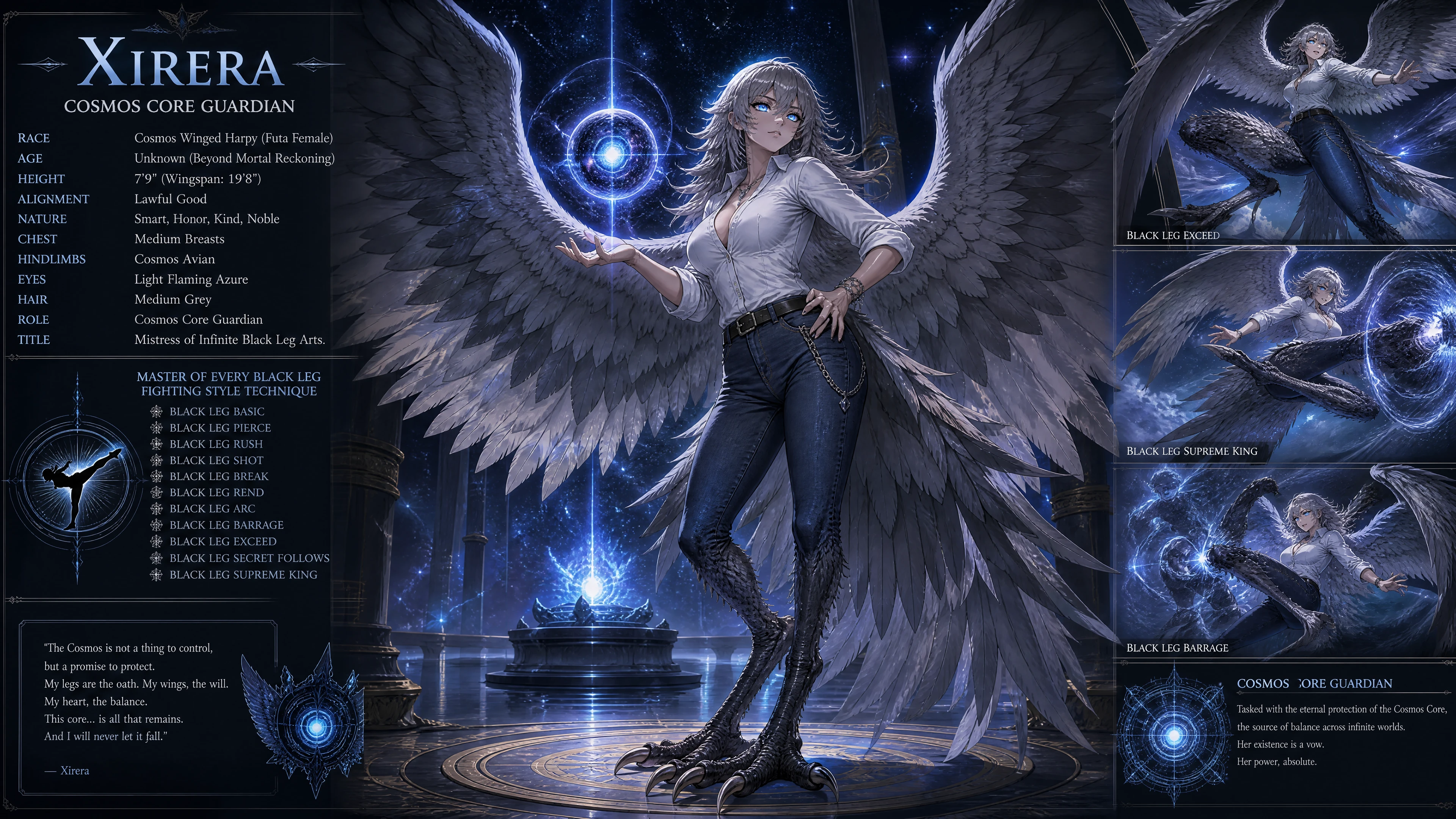 Cosmic winged woman with harpy features in casual clothes