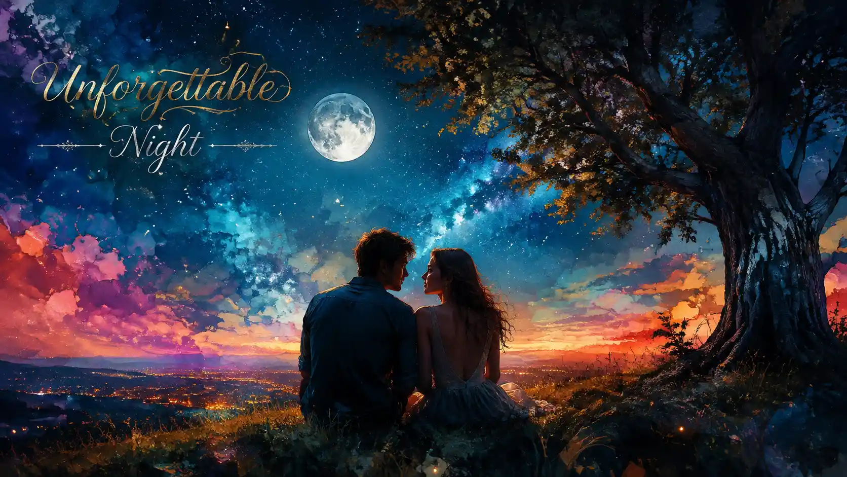 Young couple under a starry sky beside a large oak tree