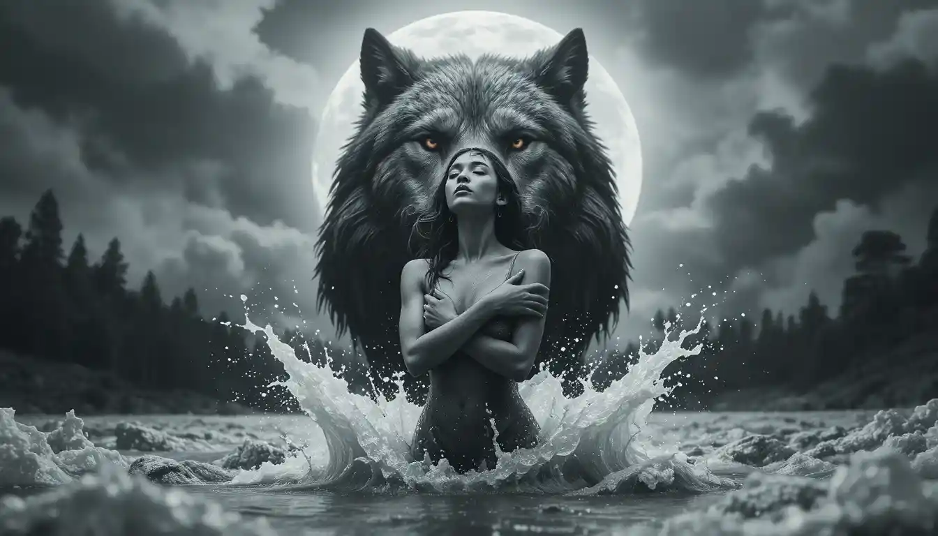 Surreale Frau im aufgewühlten Wasser unter einem drohenden Wolf