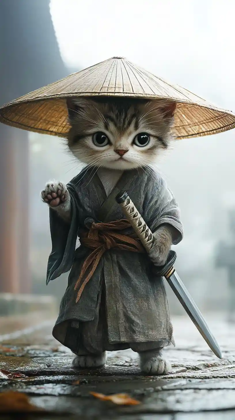 Gato guerrero chibi con sombrero de bambú y espada en la niebla
